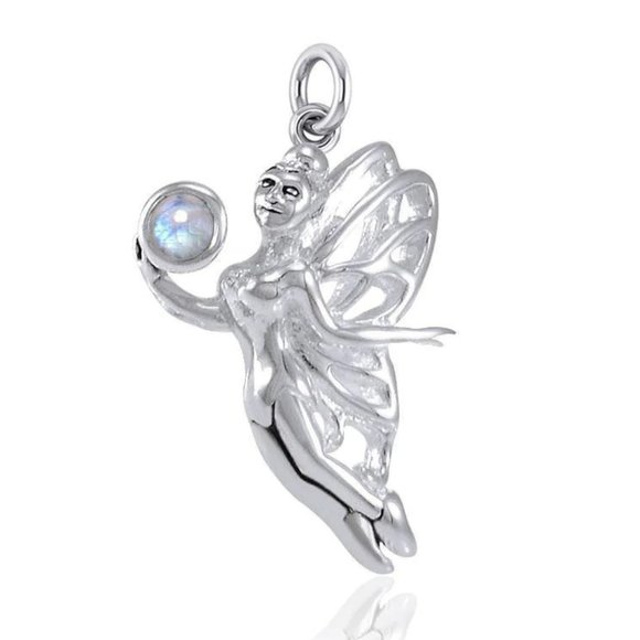 Fairy holding Rainbow Moonstone Sterling Silver Pendant - Picture 3 of 3
